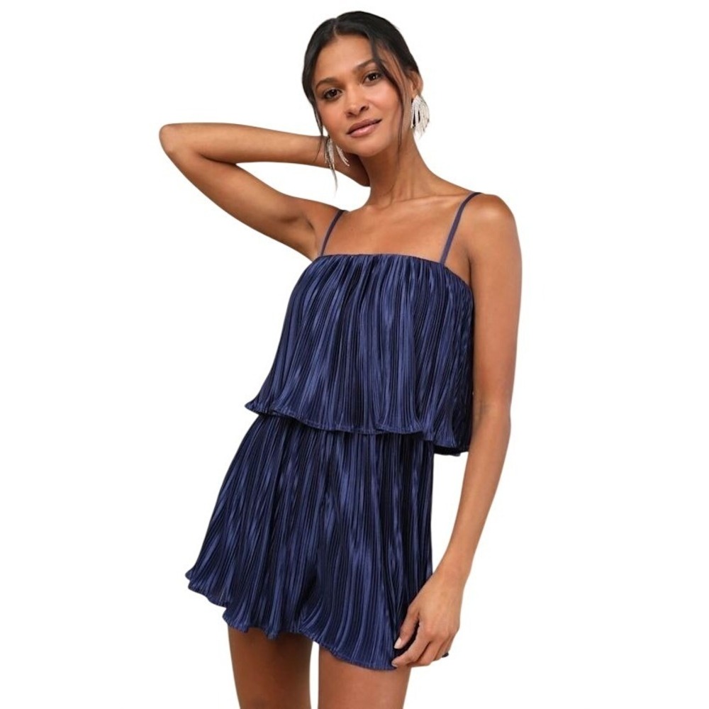 Lulus Pleated Romper Womens Large Navy Blue Tiered Satin‎ Ruffle Sleeveless